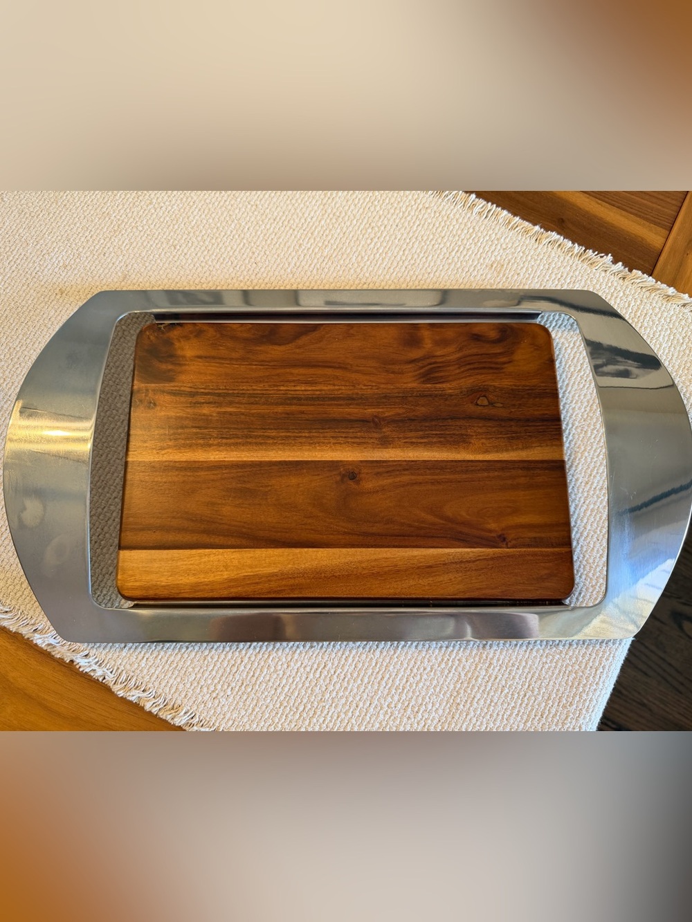 Nambe Mikko Bar Tray - Wood and Stainless Steel Serving Board